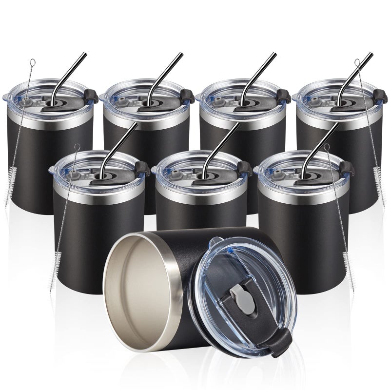 MEWAY 12oz/8Pack Coffee Mug With Lid, Insulated Stainless Steel Reusable Coffee Cup, Double Wall Durable Coffee Mug, Powder Coateï¼ŒFor Coffee, Beer, Home, Office(Black,8 Pack) - Image 1